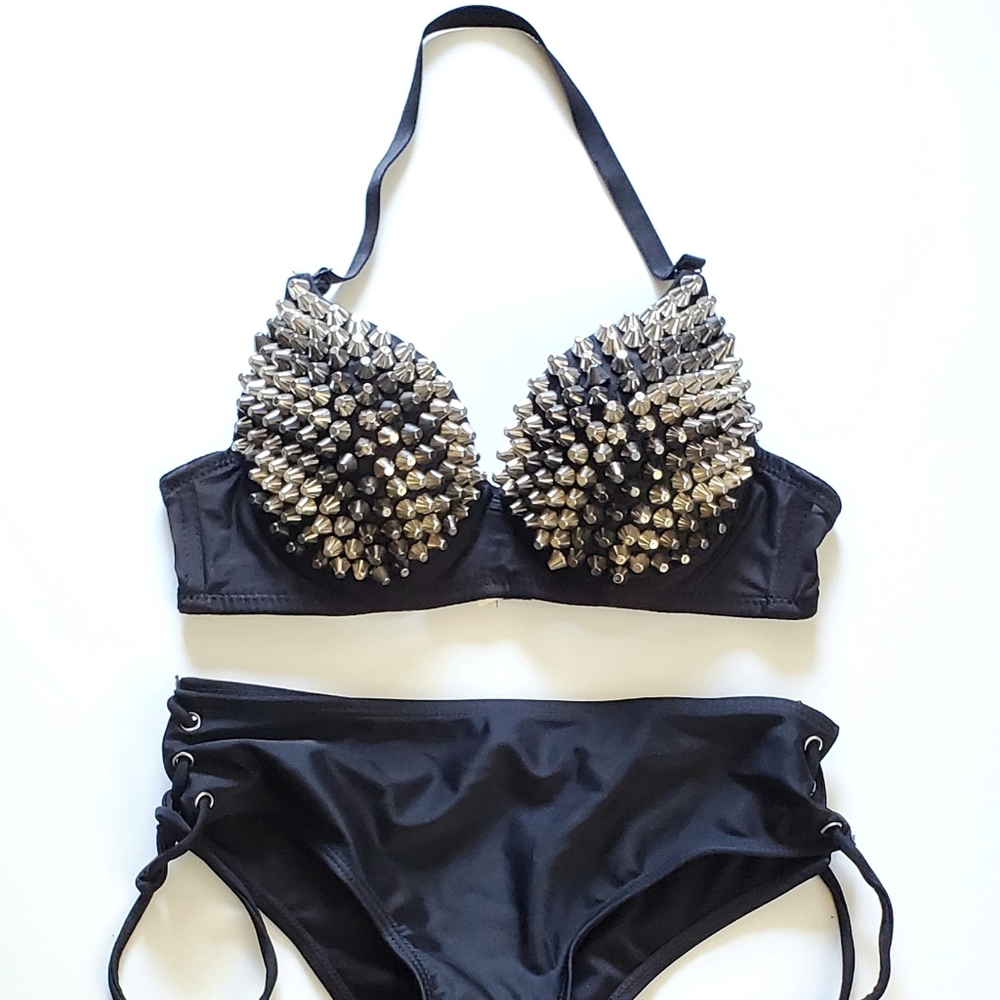 Punk spike bra with black lace up bottoms